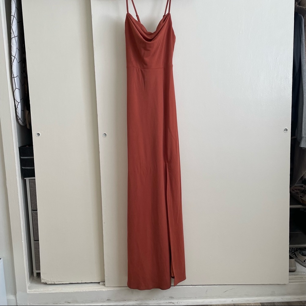 Birdy grey terracotta cowl neck dress